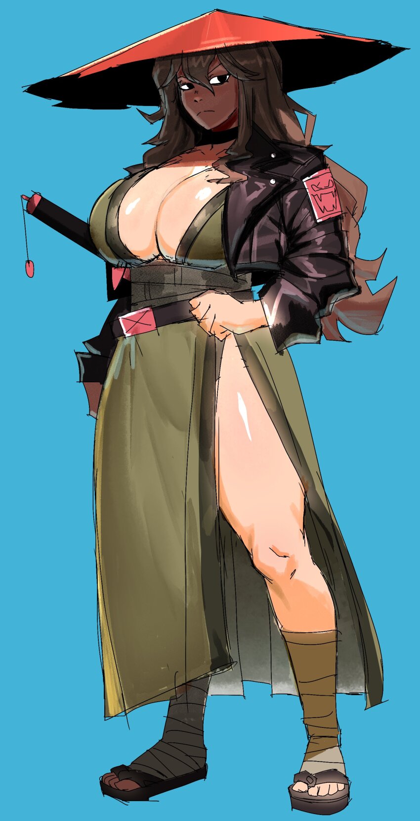 1girl absurdres accessories bandaged_leg bandages belt black_choker black_eyes black_jacket blue_background breasts breasts_squeezed_together brown_hair choker clenched_hand collarbone determined eyes_in_shadow feet frown full_body green_kimono hair_over_breasts hat hgoolahan highres jacket japanese_clothes jingasa katana kimono large_breasts leather leather_jacket long_hair original sandals side_slit sidelocks sword thick_thighs thighs weapon