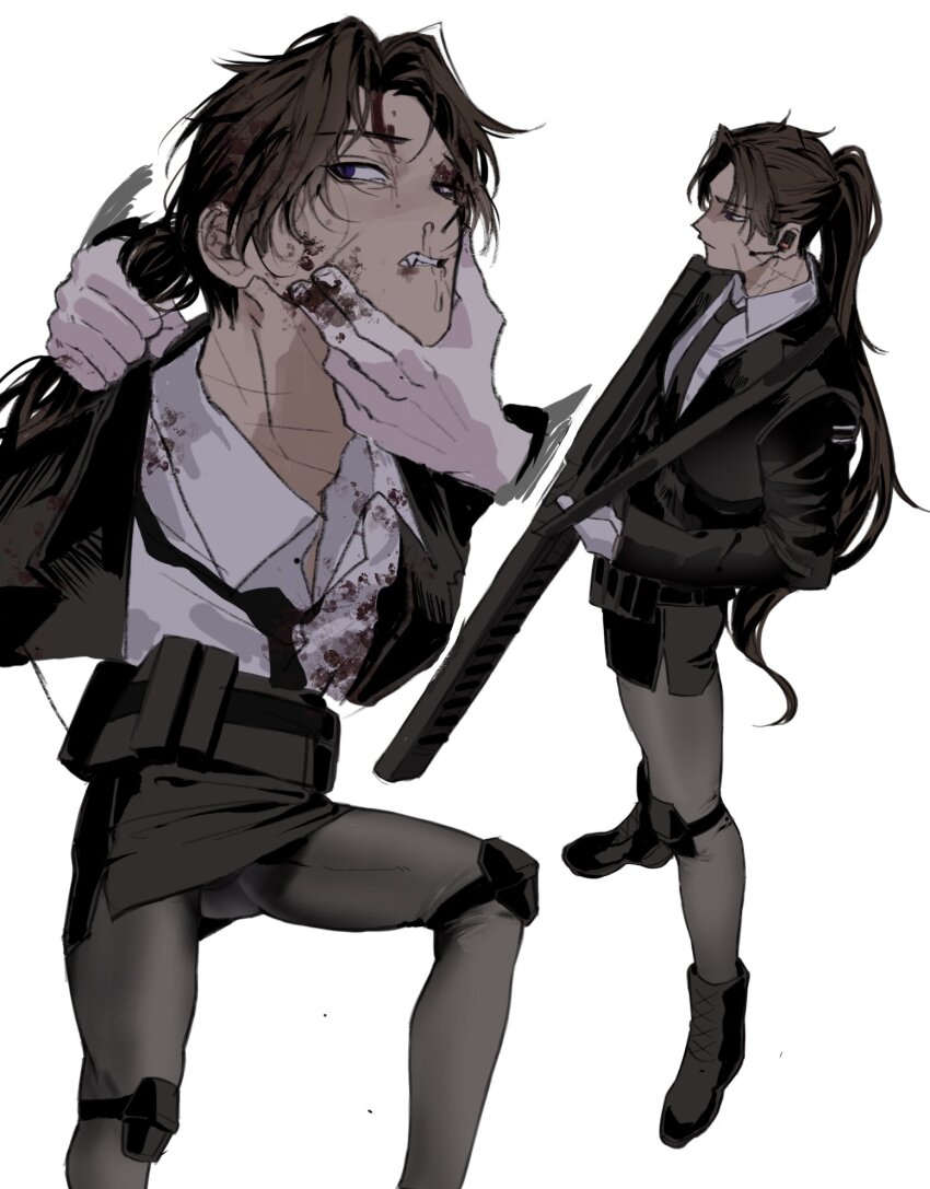 1boy belt black_footwear black_necktie blood blood_on_clothes blood_on_face boots brown_hair chanil_(muexlku) clenched_teeth collared_shirt crossdressing disembodied_hand fang full-stop_office_(identity)_(project_moon) full_body grabbing_another&#039;s_hair gun hand_on_another&#039;s_chin headset heathcliff_(project_moon) high_ponytail highres holding holding_gun holding_weapon knee_guards korean_commentary limbus_company long_hair long_sleeves male_focus multiple_views necktie pantyhose pencil_skirt project_moon purple_eyes shirt skirt teeth upper_body weapon white_background white_shirt