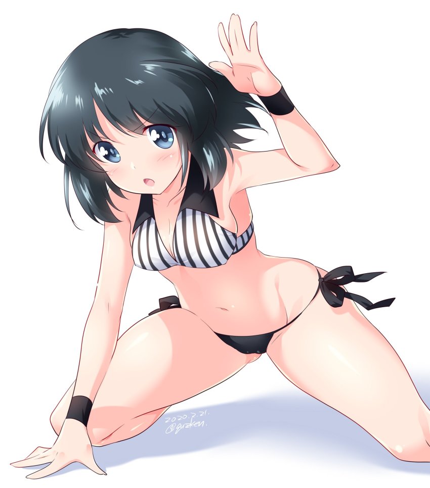 1girl adapted_costume arm_up bikini black_bikini black_eyes black_hair breasts commentary dated frown girls_und_panzer highres inatomi_hibiki judge kneeling kuzuryuu_kennosuke leaning_forward looking_at_viewer medium_breasts navel one-hour_drawing_challenge open_mouth shadow short_hair side-tie_bikini_bottom simple_background skindentation solo striped_bikini striped_clothes swimsuit twitter_username vertical-striped_bikini vertical-striped_clothes white_background wristband