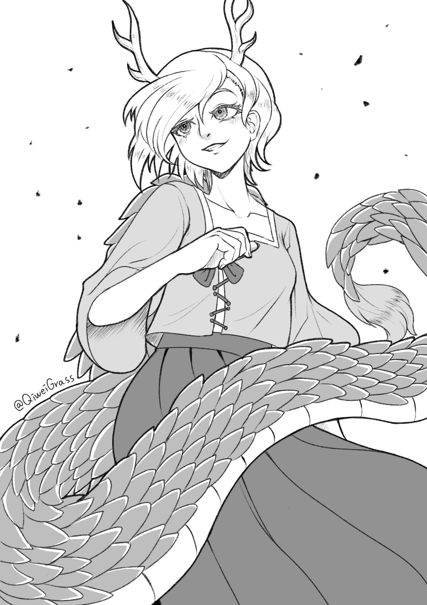 1girl absurdres antlers blonde_hair blush dragon_girl dragon_horns dragon_tail evil_grin evil_smile fur-tipped_tail grin hair_between_eyes highres horns kicchou_yachie monochrome monster_girl pleated_skirt puffy_short_sleeves puffy_sleeves qcezssxx123 scales shirt short_hair short_sleeves simple_background skirt smile solo square_neckline standing tail teeth touhou turtle_shell white_background yellow_horns