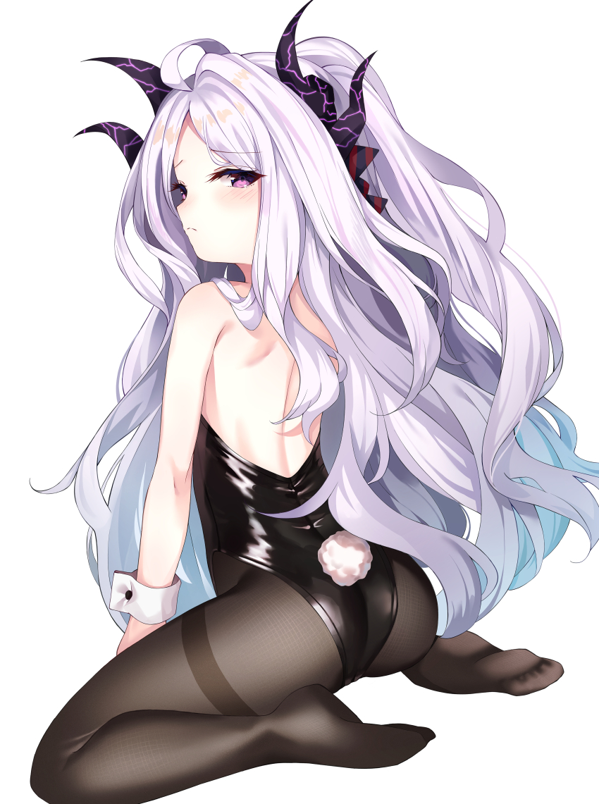 1girl alternate_costume blue_archive demon_girl demon_horns full_body hina_(blue_archive) horns leotard loli parm playboy_bunny purple_eyes simple_background sitting solo white_background white_hair