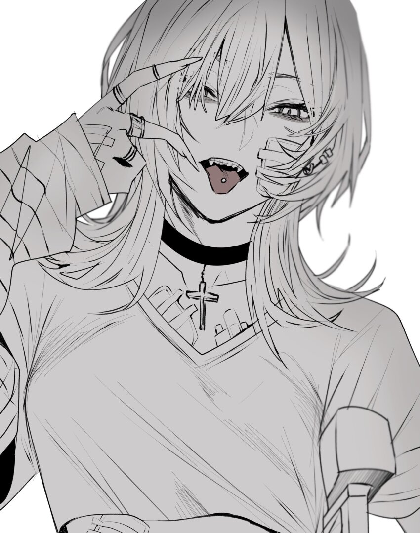 1girl bandaid bandaid_on_face bandaid_on_hand bandaid_on_stomach braces choker collarbone commentary_request cropped_shirt cross cross_choker ear_piercing earrings fangs hair_between_eyes highres holding_crutch hoshi_san_3 jewelry long_sleeves looking_at_viewer medium_hair midriff_peek open_mouth original piercing short_sleeves simple_background sleeves_past_wrists solo spot_color teeth tongue tongue_out tongue_piercing upper_teeth_only white_background