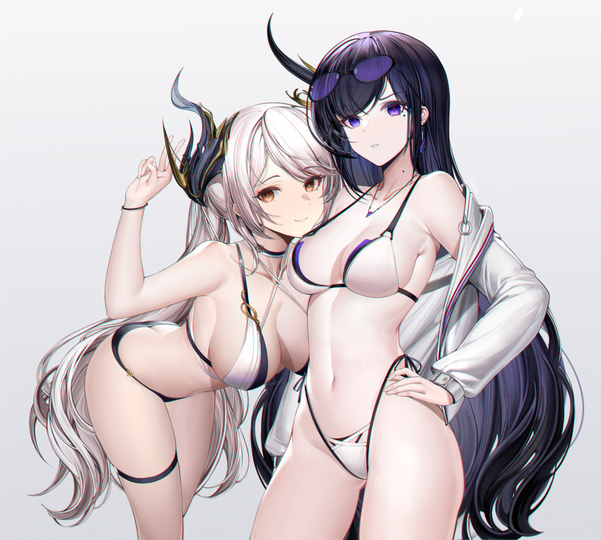 2girls absurdres bikini black_hair breasts earrings eyewear_on_head hand_on_own_hip heatia highres horns jacket jewelry large_breasts looking_at_viewer mole mole_on_neck multiple_girls original sidelocks standing sunglasses swimsuit v white_background white_bikini white_hair white_jacket