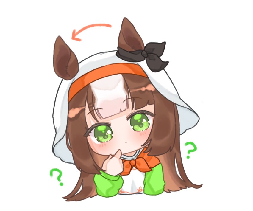 1girl ? animal_ears blunt_bangs breasts brown_hair closed_mouth confused green_eyes hair_between_eyes hair_ornament head_tilt highres horse_ears long_hair namur_(racehorse) original personification portrait ranpo_rikyu0102 simple_background solo veil white_background