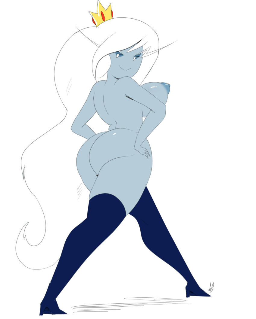 1girl adventure_time ass blue_skin breasts colored_skin crown eyebrows female_focus highres ice_queen_(adventure_time) leggings looking_at_viewer nipples nude smile solo thehumancopier thighhighs walking white_hair