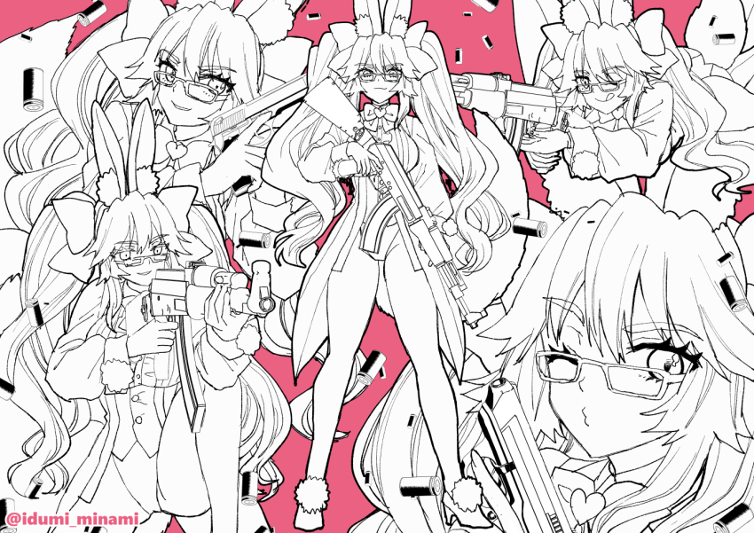 1girl ak-47 animal_ears assault_rifle bow breasts coattails collared_shirt corset dress_shirt fate/grand_order fate_(series) fox_tail glasses gun hair_bow handgun high_heels izumi_minami kalashnikov_rifle kneeling koyanskaya_(assassin)_(second_ascension)_(fate) koyanskaya_(fate) large_breasts long_hair multiple_views one_eye_closed pantyhose pink_background rabbit_ears rifle shell_casing shirt tail tamamo_(fate) tongue tongue_out twitter_username weapon