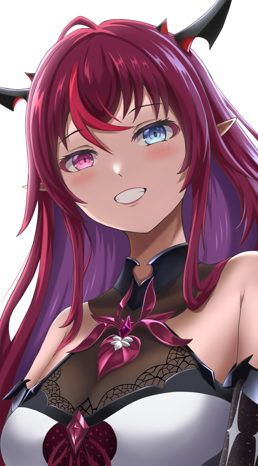 absurdres ahoge bare_shoulders blue_eyes breasts cleavage from_below grin heterochromia high_collar highres hololive hololive_english horns irys_(hololive) irys_(irys_1.0)_(hololive) kenxken lace_trim large_breasts light_blush long_hair looking_at_viewer multicolored_hair pointy_ears purple_eyes purple_hair see-through_clothes simple_background smile streaked_hair upper_body virtual_youtuber white_background