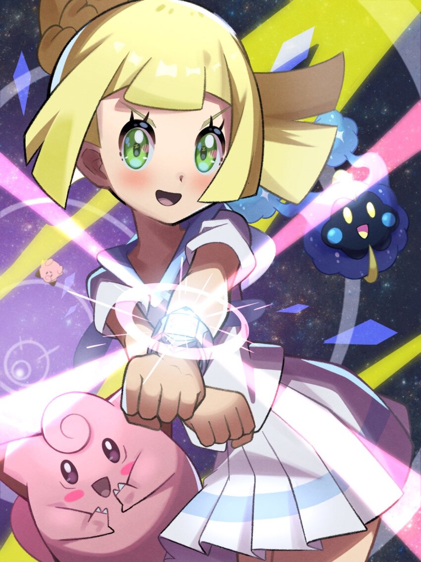 blonde_hair clefairy cosmog creatures_(company) game_freak gen_1_pokemon gen_7_pokemon green_eyes highres inana_umi legendary_pokemon lillie_(pokemon) nintendo pokemon pokemon_sm skirt stuffed_toy z-crystal