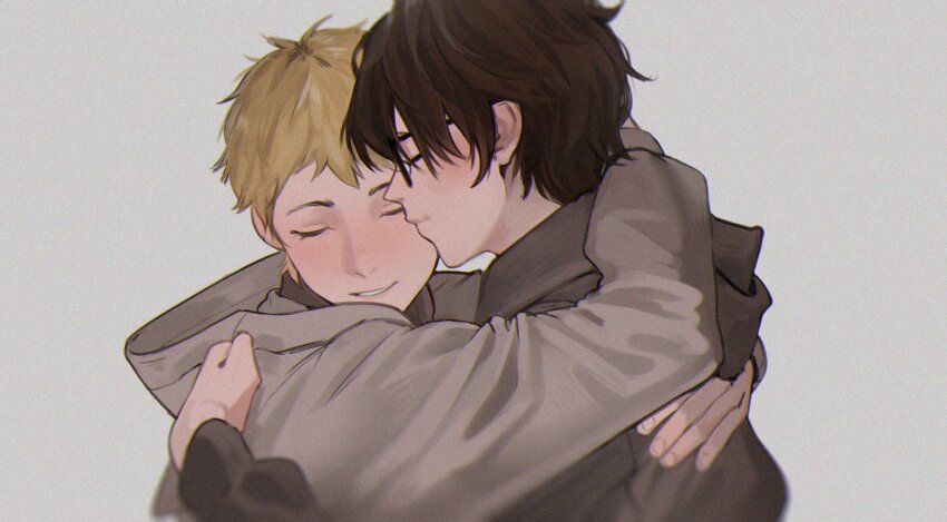 2boys amamiya_ren arm_around_shoulder black-framed_eyewear black_hair black_hoodie blonde_hair blush commentary couple film_grain glasses grey_background grey_hoodie highres hood hood_down hoodie hug kiss kissing_cheek limach-an long_sleeves male_focus multiple_boys parted_lips persona persona_5 sakamoto_ryuuji short_hair simple_background smile upper_body yaoi