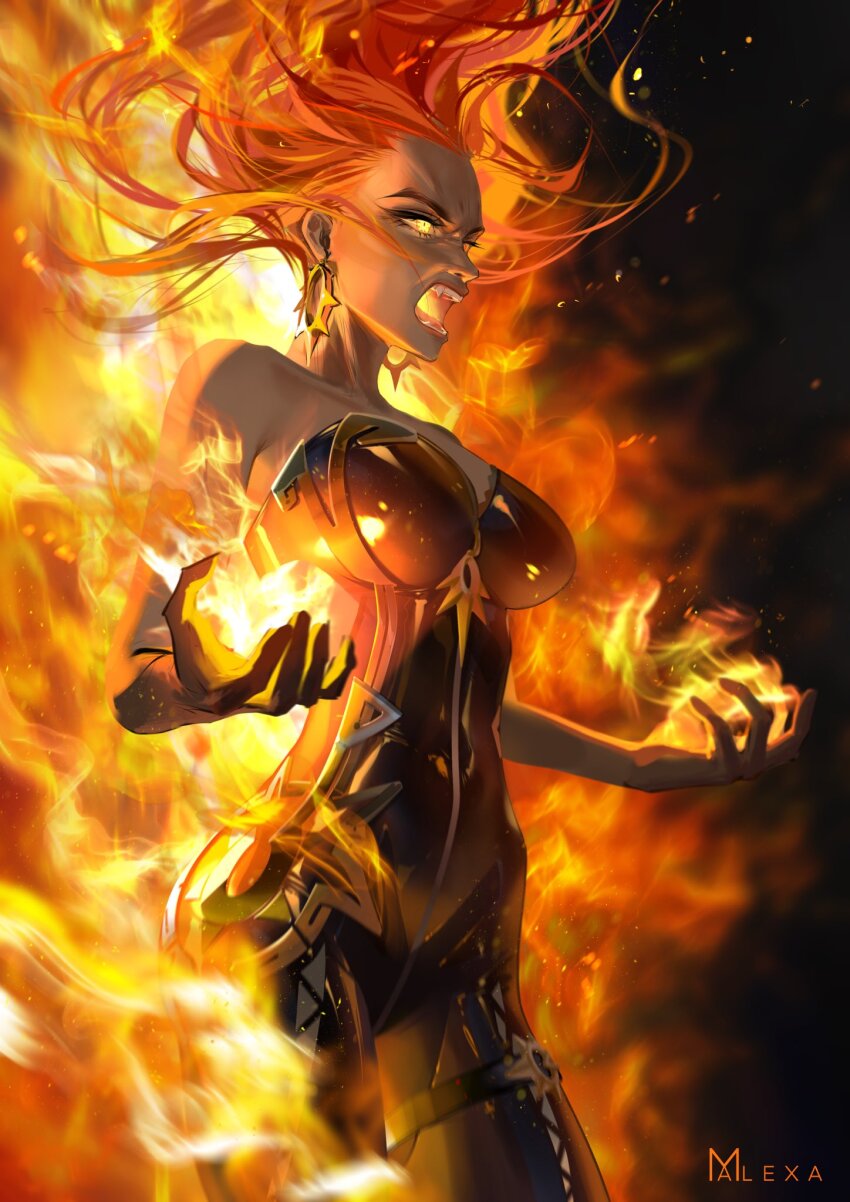 1girl artist_logo bare_shoulders biker_clothes bikesuit black_bikesuit bodysuit commentary earrings english_commentary fire genshin_impact glowing glowing_eyes highres jewelry long_hair m_alexa mavuika_(genshin_impact) open_mouth pyrokinesis red_hair solo strapless_bodysuit sun-shaped_pupils sun_earrings symbol-shaped_pupils