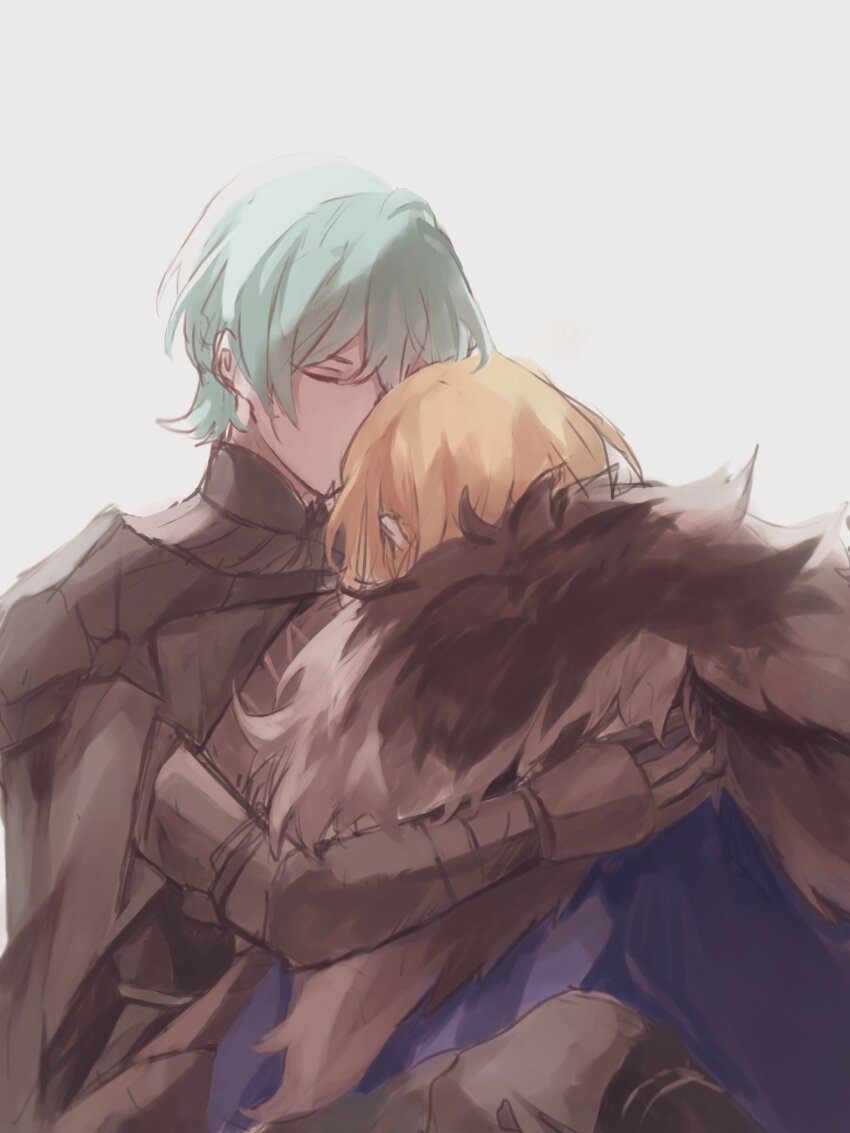 2boys arm_around_back armor black_armor black_cape black_fur blonde_hair blue_cape byleth_(fire_emblem) byleth_(male)_(fire_emblem) cape closed_eyes commentary_request couple dimitri_alexandre_blaiddyd enlightened_byleth_(male) feenadori fire_emblem fire_emblem:_three_houses fur-trimmed_cape fur_trim gauntlets gorget green_hair highres hug kiss kissing_forehead male_focus multiple_boys nintendo simple_background upper_body white_background white_fur yaoi