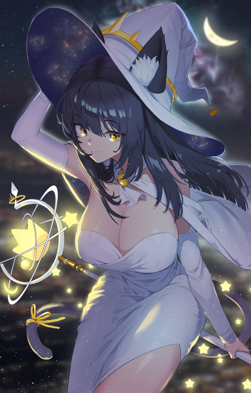 1girl absurdres animal_ears arm_up armpits bare_shoulders black_hair breasts brooch cape cat_ears cat_tail cleavage closed_mouth commission cowboy_shot crescent_moon detached_sleeves dress ears_through_headwear guamon hat highres holding holding_staff jewelry large_breasts leaning_forward long_hair long_sleeves looking_at_viewer moon original ribbon side_slit smile solo staff star_(symbol) starry_sky_print strapless strapless_dress tail tail_ornament tail_ribbon white_dress white_hat witch_hat yellow_eyes