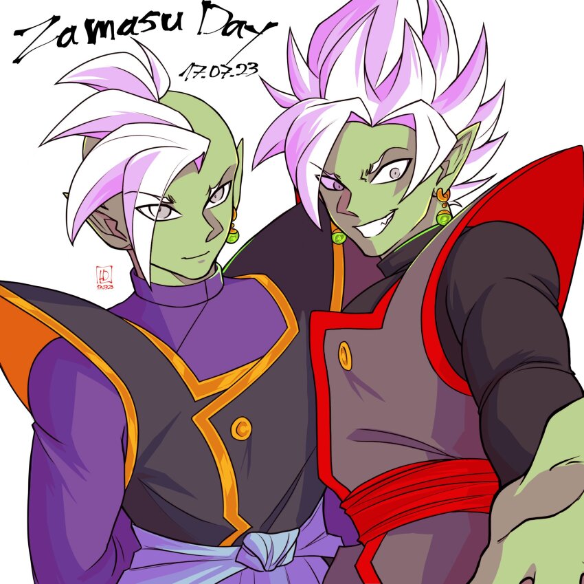 2boys arms_behind_back black_bodysuit blue_sash bodysuit colored_skin dragon_ball dragon_ball_super earrings fused_zamasu green_skin grey_eyes h0llowdream highres jewelry long_sleeves looking_at_viewer mohawk multiple_boys pointy_ears potara_earrings purple_shirt reaching reaching_towards_viewer red_sash sash sharp_teeth shirt short_hair smile spiked_hair teeth white_hair zamasu