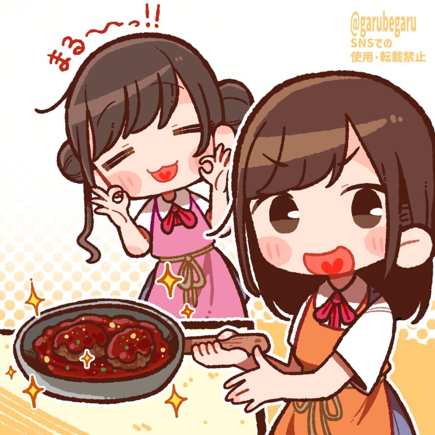 2girls :3 :d =_= apron arashi_chisato arashi_chisato_(cosplay) bad_id bad_twitter_id brown_eyes brown_hair character_request check_character chibi chibi_only closed_eyes collared_shirt commentary cooking cosplay date_sayuri double_bun double_ok_sign english_commentary facing_viewer food frying_pan hair_bun hands_up heart heart_in_mouth henyomen highres holding holding_frying_pan inactive_account long_hair looking_at_viewer love_live! love_live!_superstar!! misaki_nako multiple_girls neck_ribbon ok_sign open_mouth orange_apron pink_apron real_life red_ribbon ribbon shibuya_kanon shibuya_kanon_(cosplay) shirt short_sleeves smile sparkle standing translation_request v-shaped_eyebrows voice_actor white_shirt