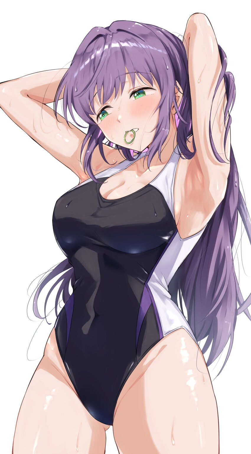 1girl absurdres adjusting_hair armpits arms_up blush breasts competition_swimsuit covered_navel green_eyes hair_tie_in_mouth hands_in_hair highleg highres ixianim large_breasts link!_like!_love_live! long_hair love_live! mouth_hold one-piece_swimsuit otomune_kozue purple_hair sidelocks solo swimsuit tying_hair virtual_youtuber