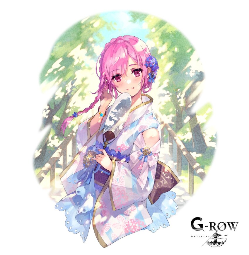 1girl bracelet braid cowboy_shot da-kuro flower hair_flower hair_ornament hand_fan highres holding japanese_clothes jewelry kimono long_hair looking_at_viewer obi official_alternate_costume official_art outdoors paper_fan pavement phantom_of_the_kill pink_eyes pink_hair pink_kimono sash simple_background smile solo straight-on summer tree tyrfing_(phantom_of_the_kill) uchiwa white_background