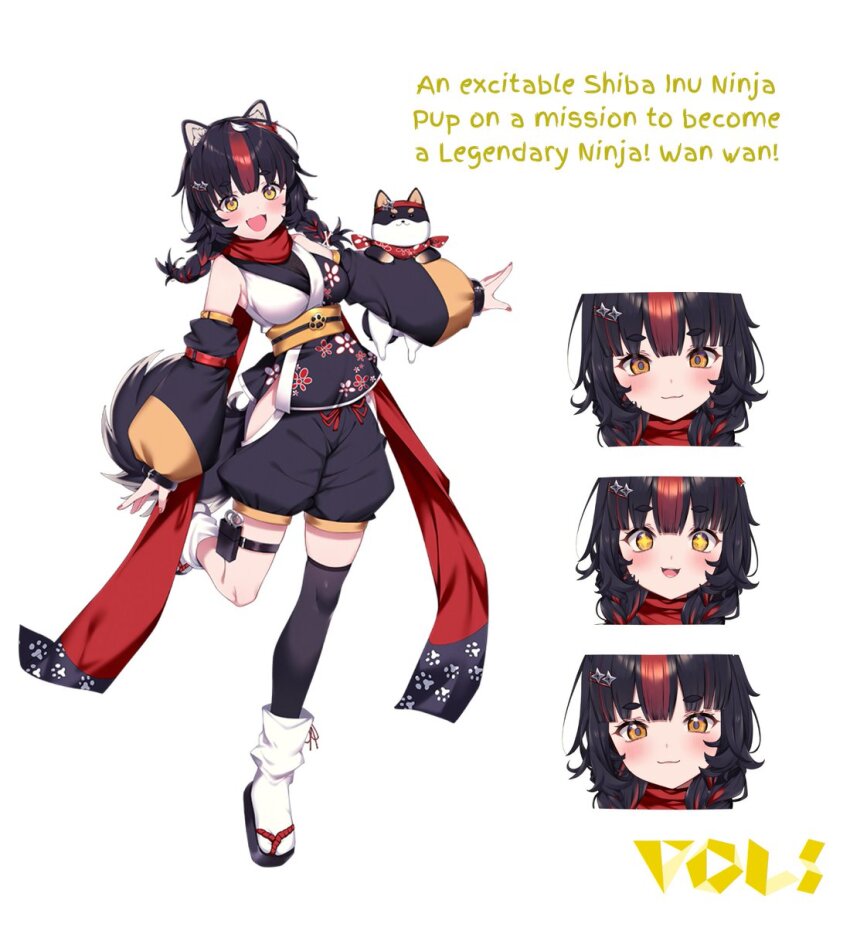 1girl animal_ears black_hair braid breasts dog dog_tail haruyuki_(yukichasoba) highres japanese_clothes kunoi_chisato loose_socks medium_breasts multicolored_hair obi official_art red_hair sandals sash scarf shorts shuriken single_thighhigh smile socks tachi-e tail thigh_strap thighhighs twin_braids vols weapon yellow_eyes