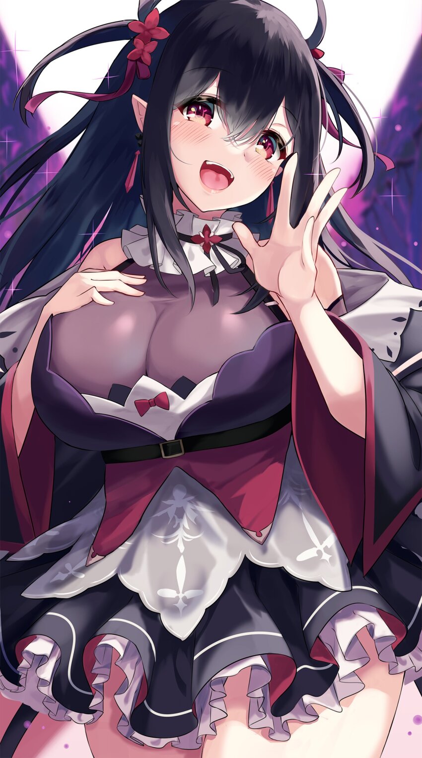 1girl absurdres bare_shoulders belt black_belt black_dress black_hair blush breasts commission cowboy_shot dress flower frilled_dress frills hair_between_eyes hair_flower hair_ornament hair_ribbon hand_on_own_chest hands_up highres igayan kaguya_(yui_taiwan) large_breasts long_hair looking_at_viewer open_mouth original pointy_ears purple_ribbon red_eyes ribbon second-party_source skeb_commission smile solo teeth two_side_up upper_teeth_only