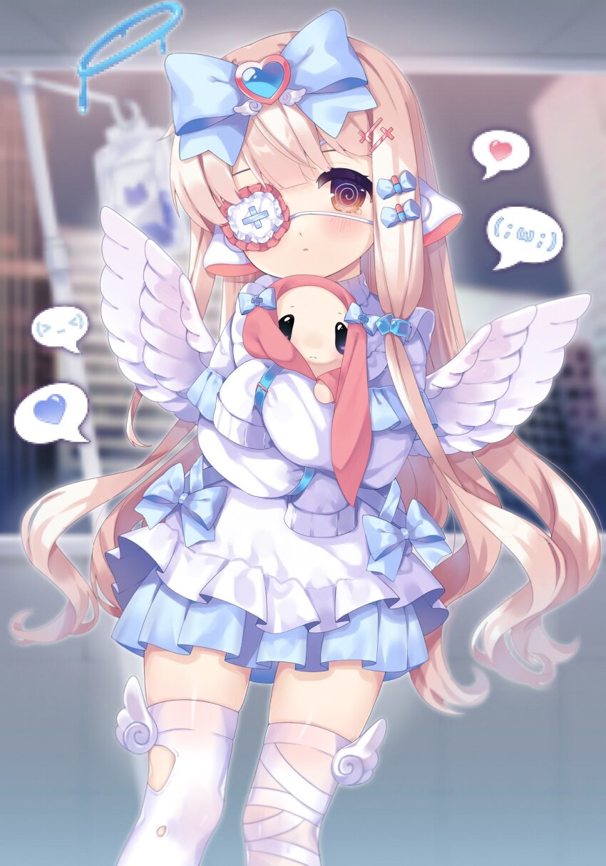 1girl @_@ angel_wings apron blonde_hair blue_bow blue_halo blue_skirt blurry blurry_background blush bow chii chobits closed_mouth cross_hair_ornament dot_nose eyepatch fake_halo fake_wings feathered_wings frilled_eyepatch hair_between_eyes hair_bow hair_ornament halo highres humanoid_robot jersey_maid long_hair long_sleeves looking_at_viewer maid medical_eyepatch orange_eyes over-kneehighs persocom puffy_sleeves rabbit robot robot_ears shikkuro69 sidelocks skirt sleeves_past_fingers sleeves_past_wrists socks solo speech_bubble straight_hair tearing_up tenshi_kaiwai thighhighs unconventional_maid white_apron white_socks white_wings wings