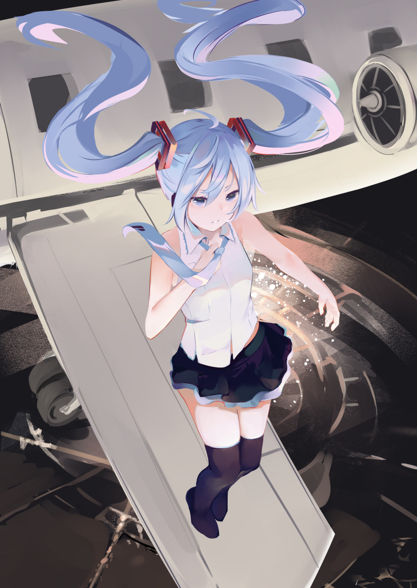 1girl absurdres aircraft airplane black_footwear black_skirt blue_eyes blue_hair blue_necktie boots collared_shirt commentary full_body hair_between_eyes hatsune_miku highres long_hair necktie pleated_skirt shirt skirt sleeveless sleeveless_shirt solo standing thigh_boots thighhighs tie_clip twintails very_long_hair vocaloid white_shirt wind zeppeki_shoujo zettai_ryouiki