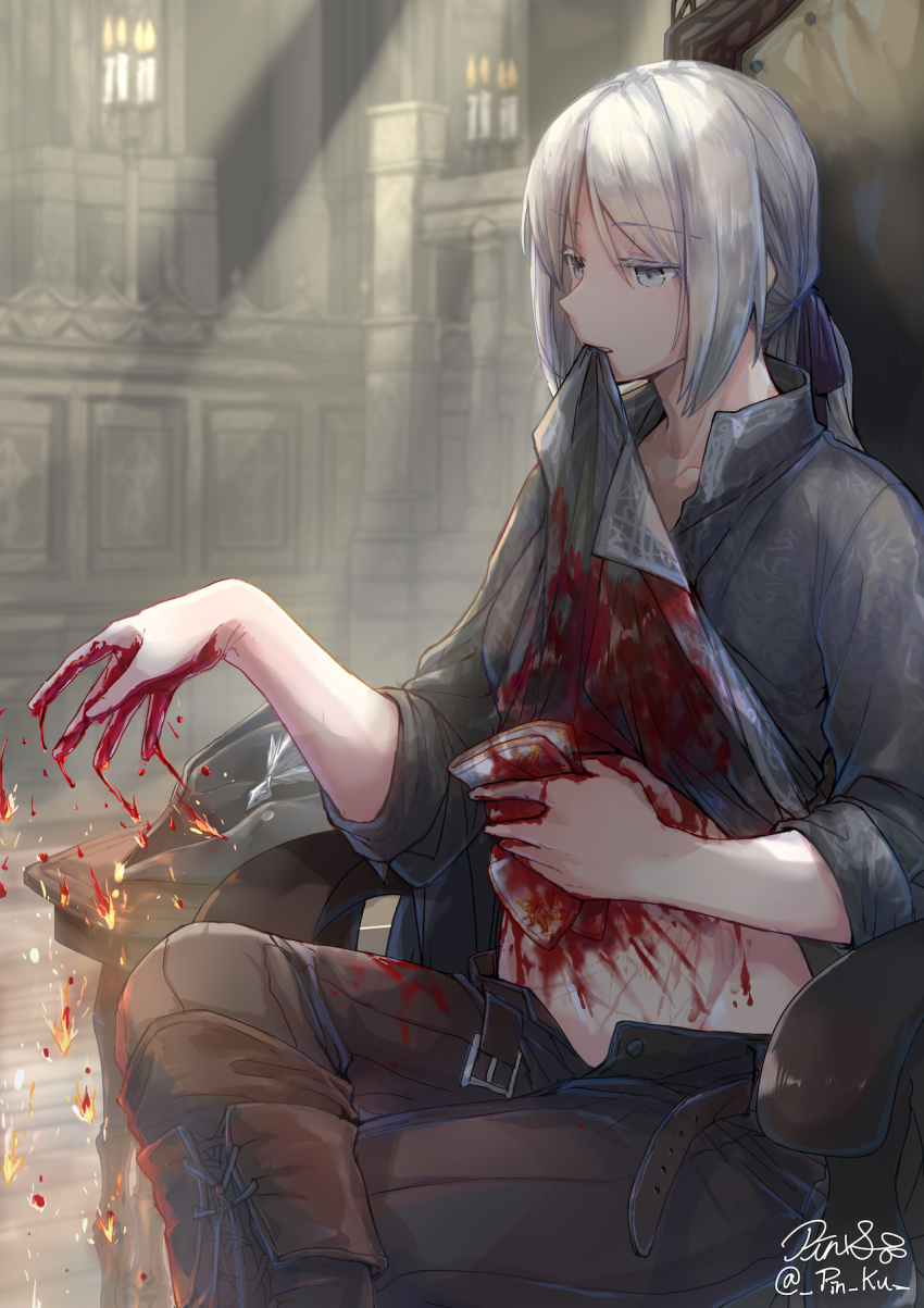 1girl belt blood bloodborne cleaning fire hat highres injury lady_maria_of_the_astral_clocktower long_hair pin.s ponytail solo undressing white_hair