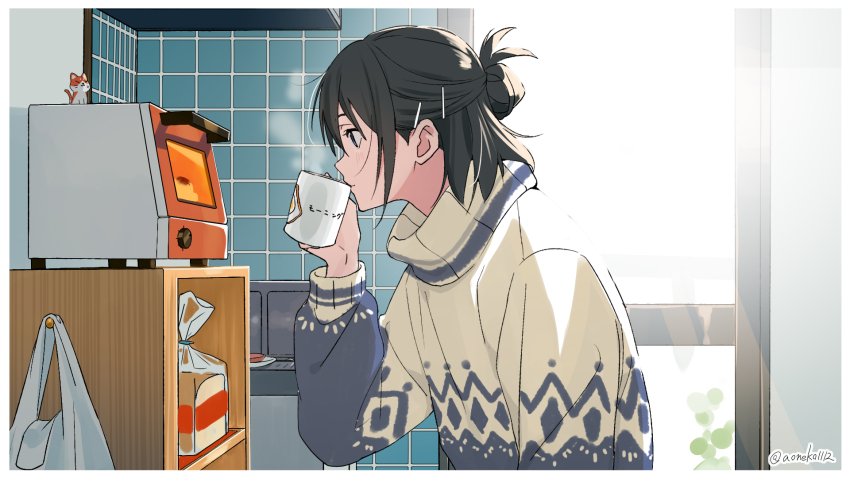 1girl aoneko1112 black_hair bread commentary_request cup drinking food hair_bun hair_ornament hairclip highres holding holding_cup indoors kitchen microwave mochi mug original single_hair_bun solo steam sweater twitter_username upper_body