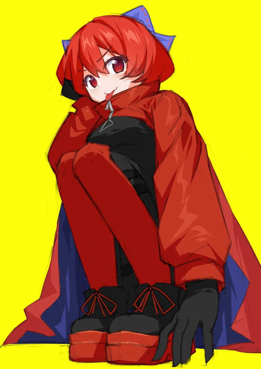 1girl black_bodysuit black_footwear black_gloves blue_bow blue_cape bodysuit bow cape cloak colored_shoe_soles full_body gloves hair_bow highres latex latex_bodysuit puffy_sleeves punidayo red_cape red_cloak red_eyes red_hair red_sleeves ribbon-trimmed_bow rock_&#039;n&#039;_rock_&#039;n&#039;_beat sekibanki short_hair simple_background skin_tight solo squatting tongue tongue_out two-sided_cape two-sided_fabric two-tone_cape yellow_background zipper zipper_pull_tab