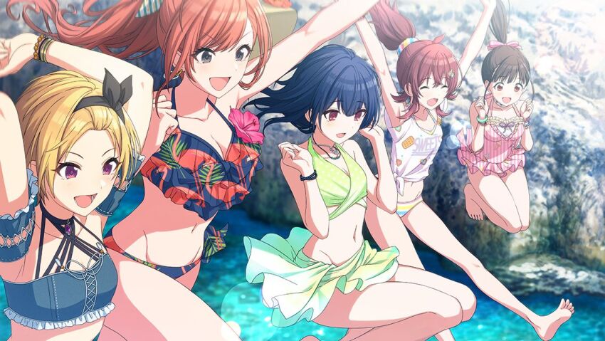 5girls arisugawa_natsuha arm_up armpits arms_up bare_shoulders bikini card_(medium) eyelashes game_cg grey_hair hand_up houkago_climax_girls_(idolmaster) idolmaster idolmaster_shiny_colors komiya_kaho morino_rinze multiple_girls official_art open_mouth orange_hair saijo_juri sonoda_chiyoko swimsuit tongue water