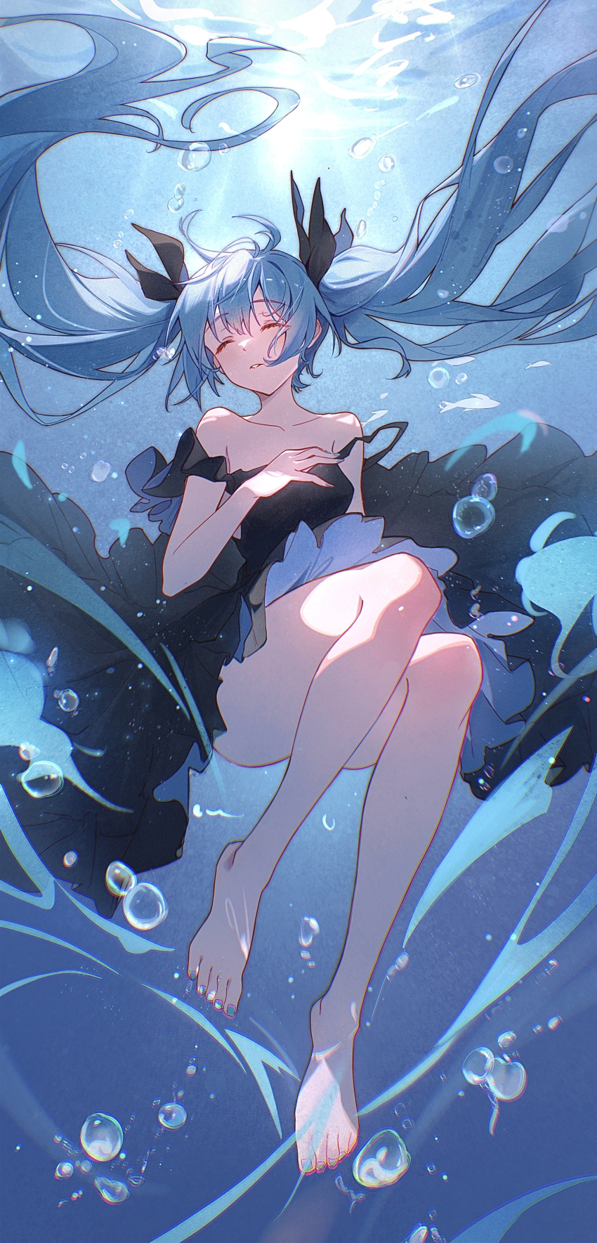 1girl absurdres air_bubble barefoot black_dress blue_hair bubble closed_eyes cloudyman collarbone commentary dress fish floating_hair hair_between_eyes hair_ribbon hand_on_own_chest hatsune_miku highres long_hair nail_polish parted_lips ribbon shinkai_shoujo_(vocaloid) sleeveless sleeveless_dress solo twintails underwater very_long_hair vocaloid