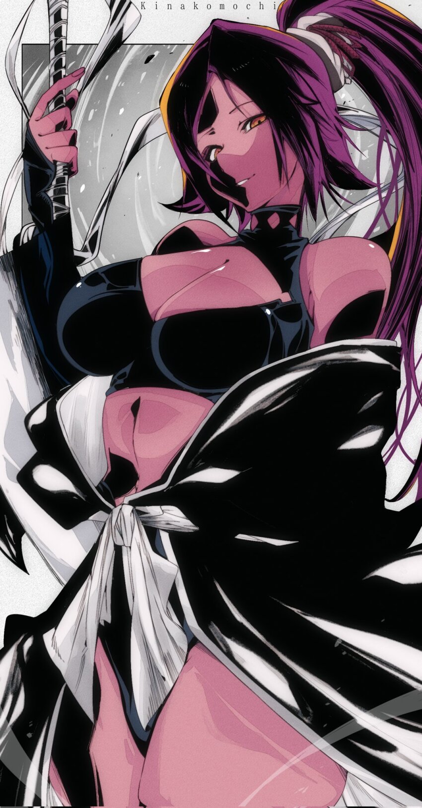 1girl artist_name bare_shoulders bleach breasts dark-skinned_female dark_skin female_focus hair_ornament highres holding holding_sword holding_weapon japanese_clothes kinakomochi_(user_vedc2333) large_breasts long_hair ponytail purple_hair shihakusho shihouin_yoruichi shiny_skin skindentation standing sword teeth thighs weapon yellow_eyes zangetsu_(shikai) zanpakutou