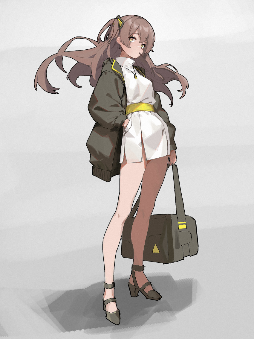 1girl absurdres alternate_costume asakuraki bag brown_hair casual dress full_body girls&#039;_frontline green_jacket highres holding holding_bag jacket open_clothes open_jacket scar scar_across_eye scar_on_face solo ump45_(girls&#039;_frontline) white_dress yellow_eyes