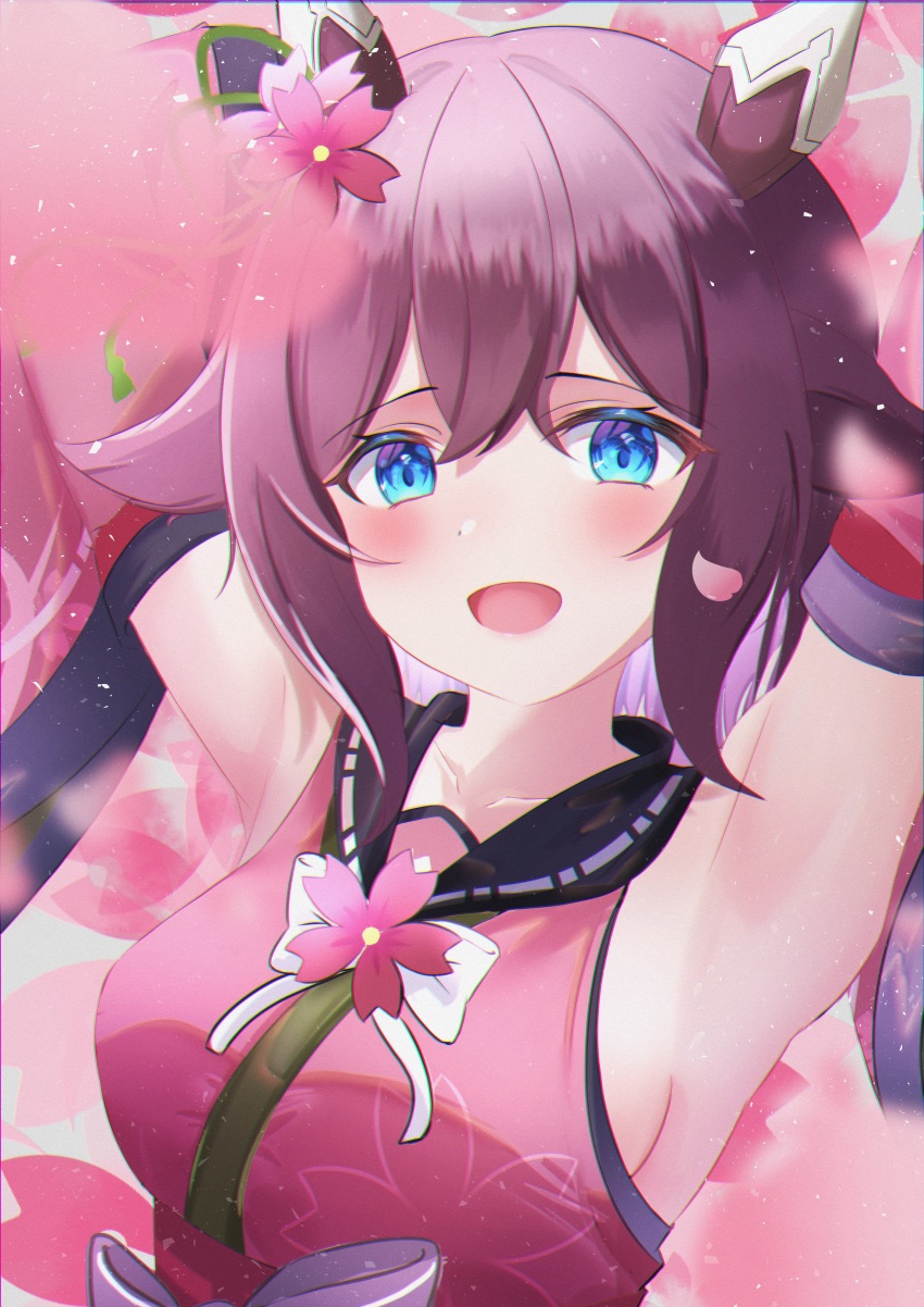 1girl absurdres animal_ears armpits arms_up blue_eyes blush breasts collarbone commentary_request detached_sleeves hair_between_eyes hair_ornament highres horse_ears horse_girl looking_at_viewer medium_breasts meika_(gtwgtpkai) petals portrait sakura_chiyono_o_(umamusume) solo umamusume