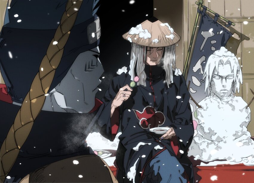 2boys ajirogasa akatsuki_uniform black_coat black_hair blue_hair blue_pants blue_skin closed_eyes coat colored_skin dango dong2taku eating food hat highres hoshigaki_kisame male_focus multiple_boys naruto_(series) naruto_shippuuden pants samehada_(naruto) snow snow_on_headwear snowing snowman uchiha_itachi wagashi