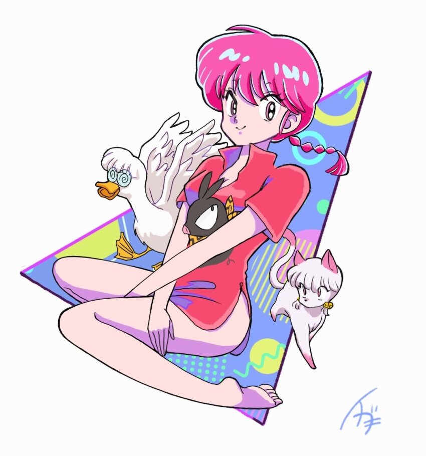 1girl 3others 4ptxq animal barefoot bird braid breasts cat cleavage duck looking_at_viewer memphis_design mousse_(duck)_(ranma_1/2) multiple_others no_pants p-chan pink_hair ranma-chan ranma_1/2 shampoo_(cat) side_slit signature sitting soles toes white_cat yokozuwari