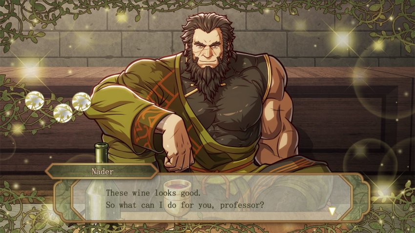 1boy ? abs alcohol bara beard blush brown_hair cup drinking_glass facial_hair fire_emblem fire_emblem:_three_houses gameplay_mechanics goldenbigcat leaf long_hair male_focus muscular nader_(fire_emblem) nintendo plant scar sitting solo sparkle vines wine wine_glass yellow_eyes