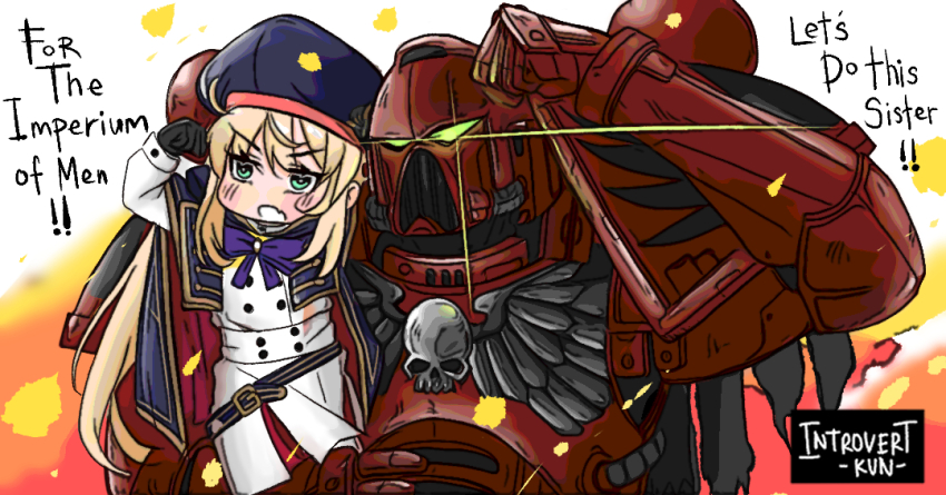 1boy 1girl adeptus_astartes aqua_eyes armor artoria_caster_(fate) artoria_pendragon_(fate) black_gloves blonde_hair blue_hat carrying chibi commentary crossover english_commentary english_text fang fate/grand_order fate_(series) flexing full_armor gloves hat helmet introvert-kun signature skin_fang warhammer_40k