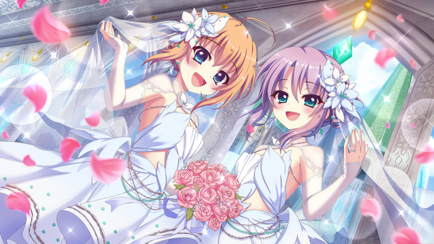 2girls :d ahoge alternate_hair_length alternate_hairstyle aqua_eyes blue_eyes blue_flower blue_sky blush bouquet bridal_veil church clothing_cutout cloud day dress dutch_angle falling_petals fang film_grain flower flower_request game_cg hair_flower hair_ornament hair_up hand_up holding holding_bouquet indoors izumi_tsubasu jewelry lens_flare long_hair looking_at_viewer matching_outfits multiple_girls non-web_source official_art open_mouth orange_hair petals pink_flower pink_petals pink_rose purple_hair re:stage! ring rose see-through_clothes see-through_sleeves shikimiya_mana short_hair sidelocks sky smile sparkle stomach_cutout tsukisaka_sayu veil wedding_dress wedding_ring white_dress white_flower