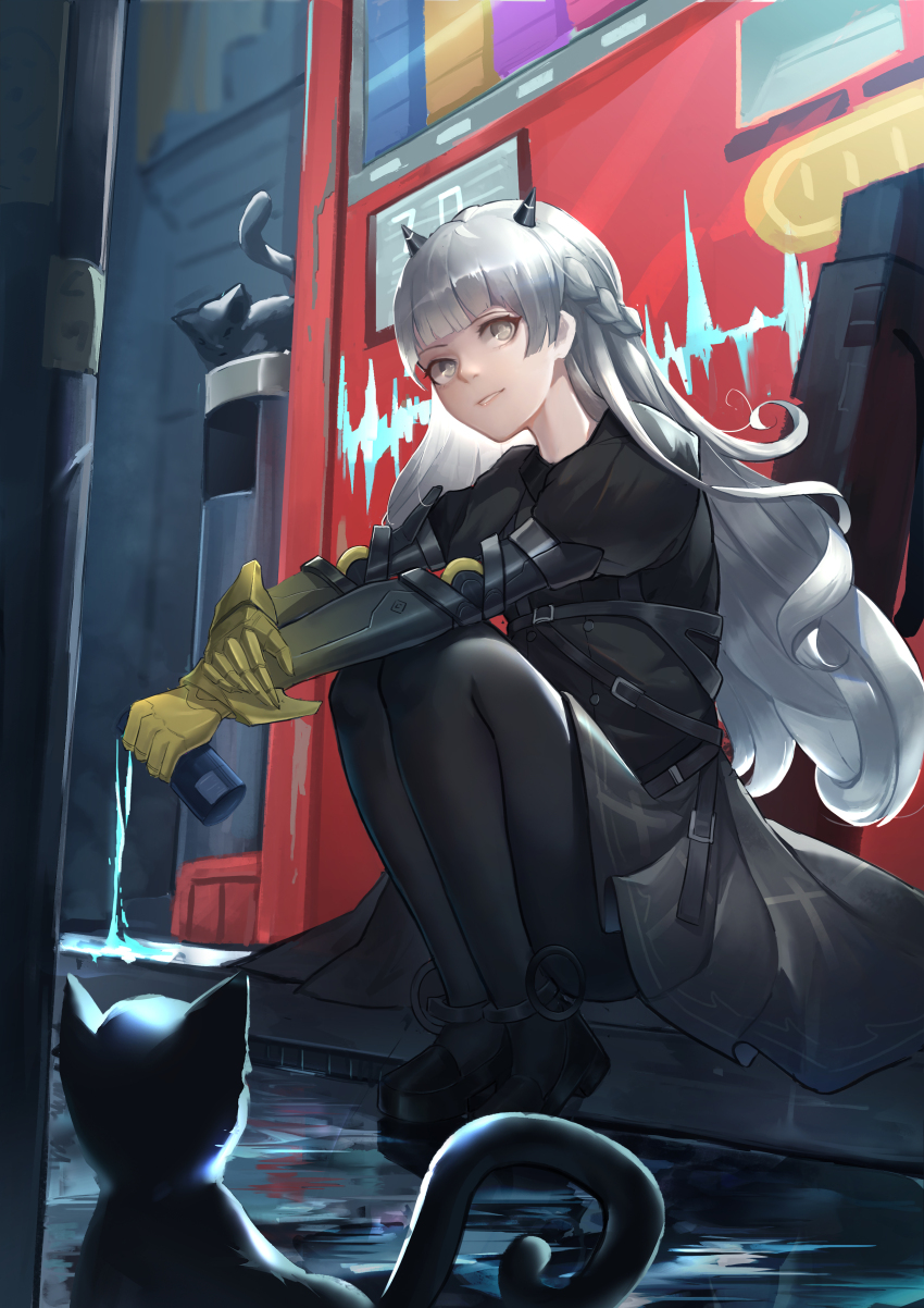 1girl absurdres black_dress black_horns black_pantyhose braid cat closed_mouth dress full_body grey_hair highres horns joints long_hair looking_at_viewer mechanical_arms nanami:_storm_(punishing:_gray_raven) nanami_(punishing:_gray_raven) pantyhose puffy_short_sleeves puffy_sleeves punishing:_gray_raven reyousia_(37839263) robot_joints short_sleeves small_horns solo vending_machine very_long_hair