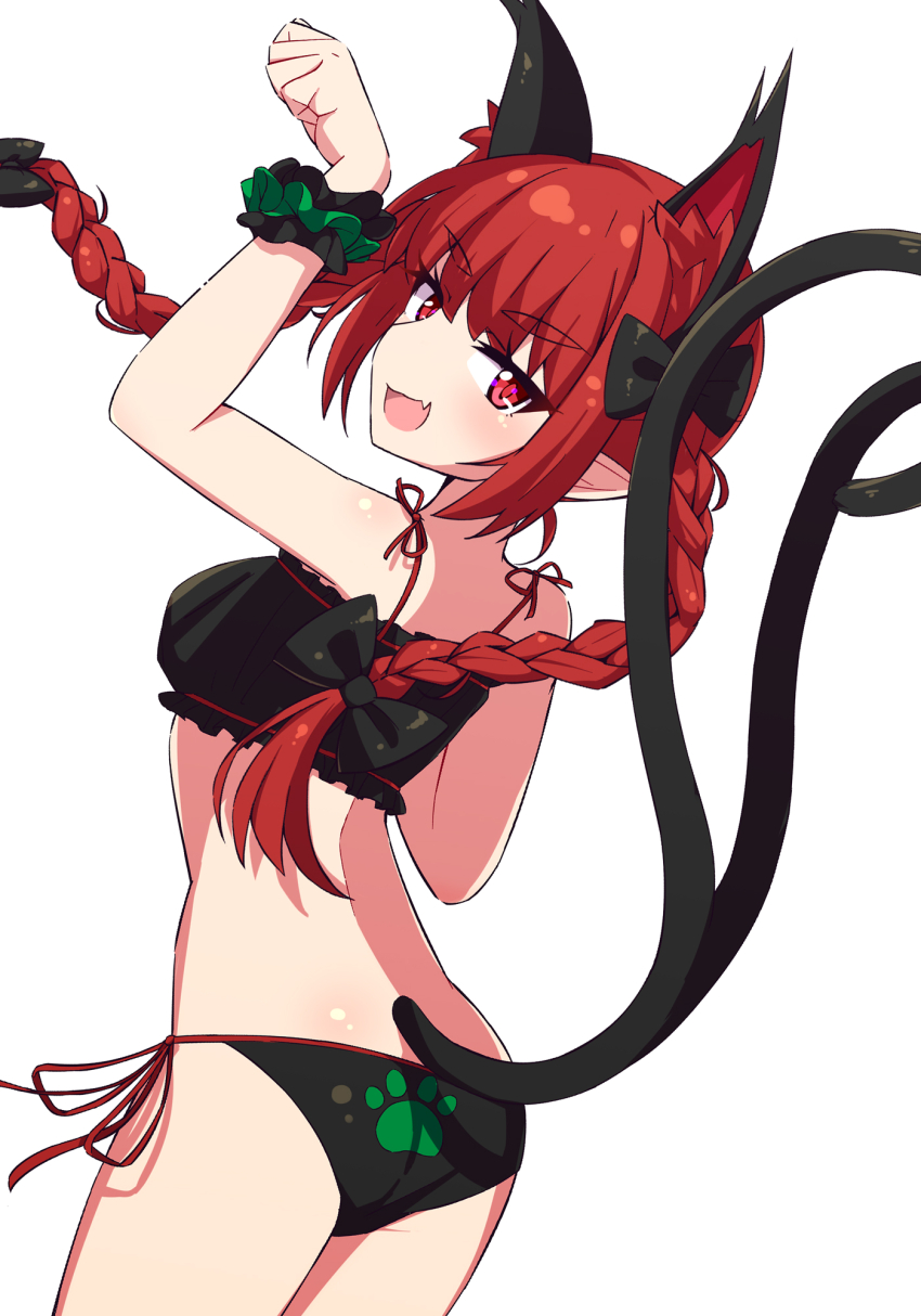 1girl :d animal_ears black_bra black_panties bra braid cat_ears cat_girl cat_lingerie cat_tail clenched_hand extra_ears fang highres kaenbyou_rin looking_at_viewer meme_attire multiple_tails open_mouth panties pointy_ears red_eyes red_hair sabfish1229 side_braids simple_background smile solo tail touhou twin_braids two_tails underwear white_background wrist_cuffs