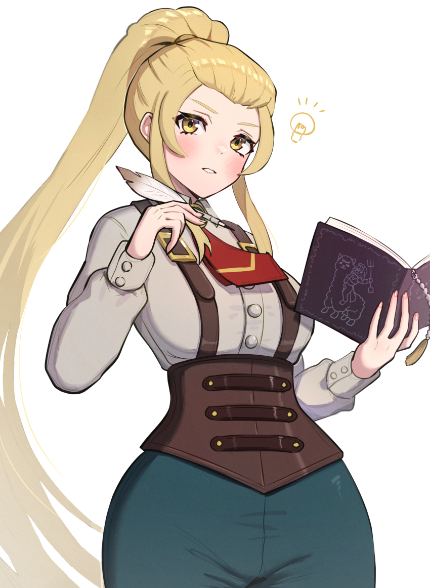 1girl absurdres blonde_hair book closed_mouth fire_emblem fire_emblem_engage gonzarez hair_slicked_back high_ponytail highres holding holding_book holding_quill jade_(fire_emblem) long_hair looking_at_viewer nintendo open_book ponytail quill sidelocks suspenders very_long_hair yellow_eyes