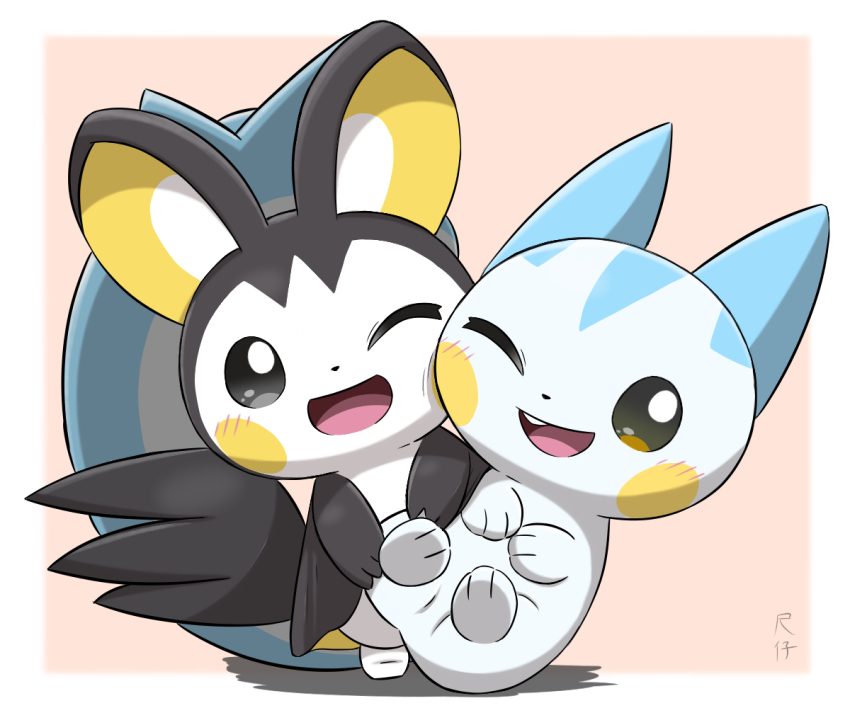 animal_focus black_eyes blush creatures_(company) emolga game_freak gen_4_pokemon gen_5_pokemon lying nintendo no_humans open_mouth pachirisu pokemon pokemon_(creature) smile standing