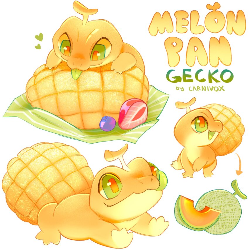 adoptable animal animal_focus bread carnivox character_sheet food food-themed_creature fruit gecko green_eyes highres lizard melon melon_bread multiple_views no_humans original simple_background strawberry tail white_background