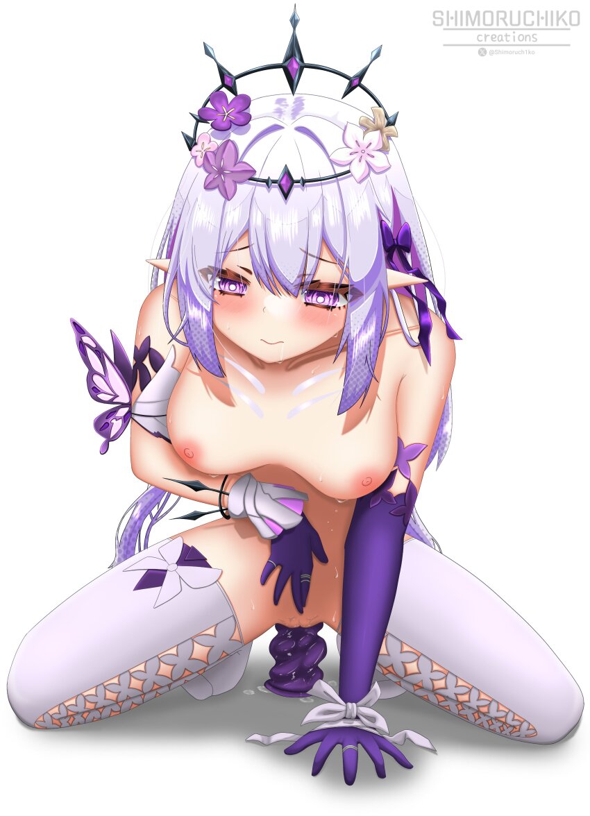 1girl absurdres arm_support artist_name bare_shoulders black_crown black_tiara blush breasts bug butterfly castorice_(honkai:_star_rail) closed_mouth collarbone crotch_rub crown crown_of_thorns dildo dildo_riding drooling female_masturbation flower flower_ornament full_body gloves hair_between_eyes hair_flower hair_ornament hair_ribbon head_wreath highres honkai:_star_rail honkai_(series) insect legs long_hair looking_down masturbation medium_breasts nipples nude object_insertion pointy_ears purple_butterfly purple_eyes purple_flower purple_gloves purple_hair purple_hands purple_ribbon pussy pussy_juice pussy_juice_puddle ribbon saliva sex_toy shimoruchiko simple_background solo spread_legs sweat thick_thighs thighhighs thighs tiara twitter_username uncensored vaginal vaginal_object_insertion white_background