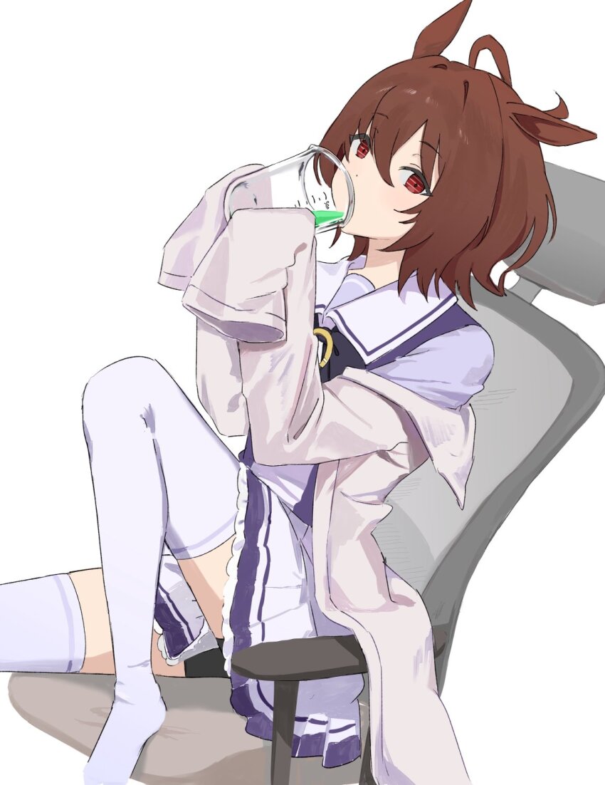 1girl agnes_tachyon_(umamusume) ahoge animal_ears bike_shorts brown_hair burger_yammmm drinking highres horse_ears horse_girl horse_tail lab_coat red_eyes school_uniform sleeves_past_fingers sleeves_past_wrists tail tracen_school_uniform tracen_training_uniform umamusume white_background