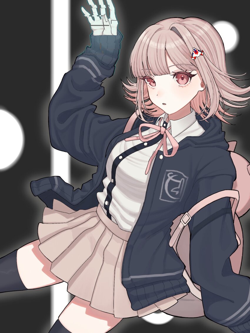 1girl animal_bag breasts brown_hair brown_skirt cat_bag collared_shirt danganronpa_(series) danganronpa_2:_goodbye_despair flipped_hair galaga hair_ornament highres hood jacket kirinkii7716 long_sleeves looking_at_viewer medium_breasts medium_hair nanami_chiaki neck_ribbon open_clothes open_jacket pink_bag pink_eyes pink_ribbon pleated_skirt ribbon shirt skirt solo spaceship_hair_ornament thighhighs two-tone_shirt white_shirt