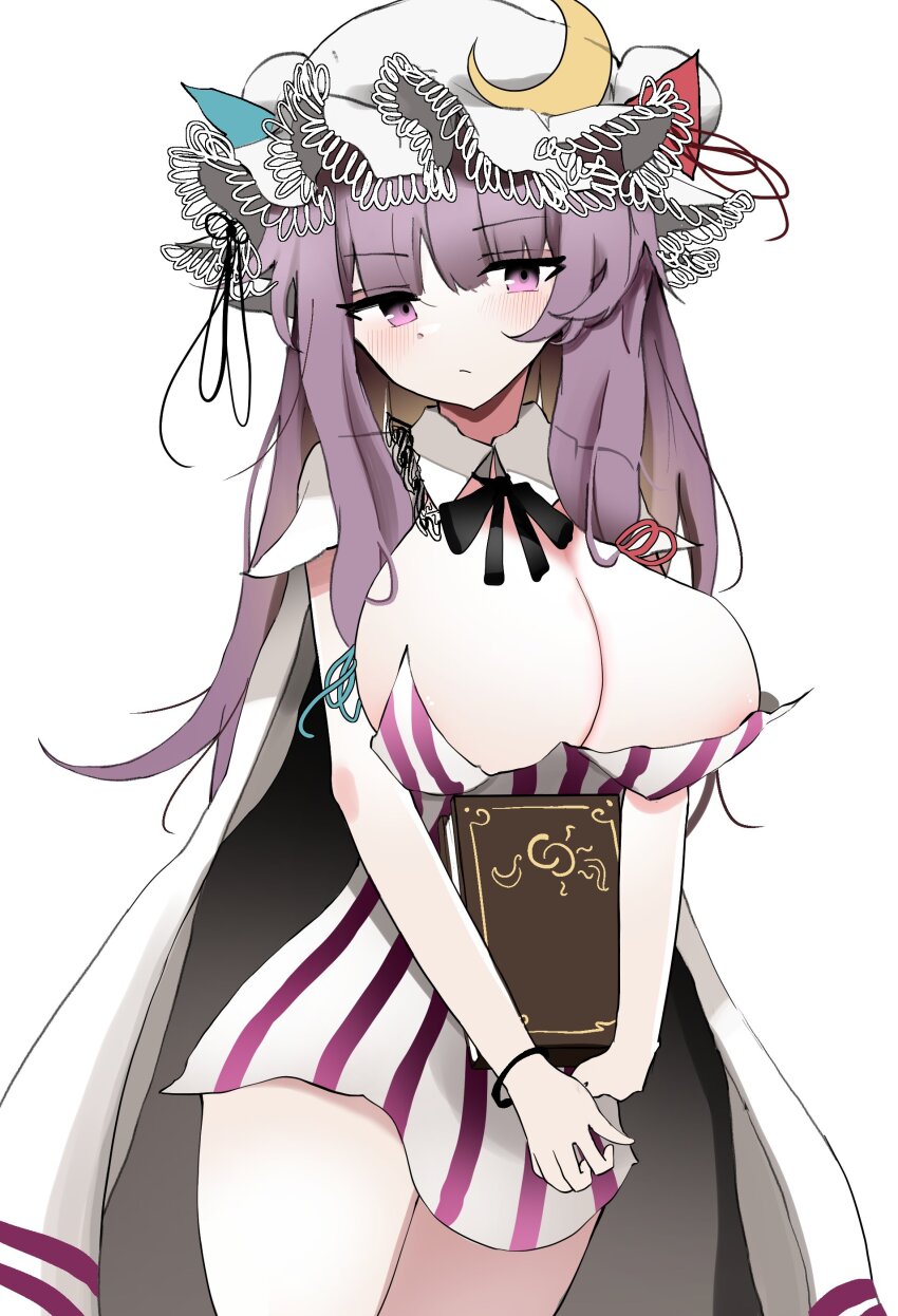 1girl absurdres black_ribbon book breasts cape cleavage crescent crescent_hat_ornament detached_collar dress hat hat_ornament highres holding holding_book large_breasts looking_at_viewer mob_cap ougiikun patchouli_knowledge purple_eyes purple_hair ribbon short_dress simple_background solo striped_clothes striped_dress touhou white_background white_cape white_hat