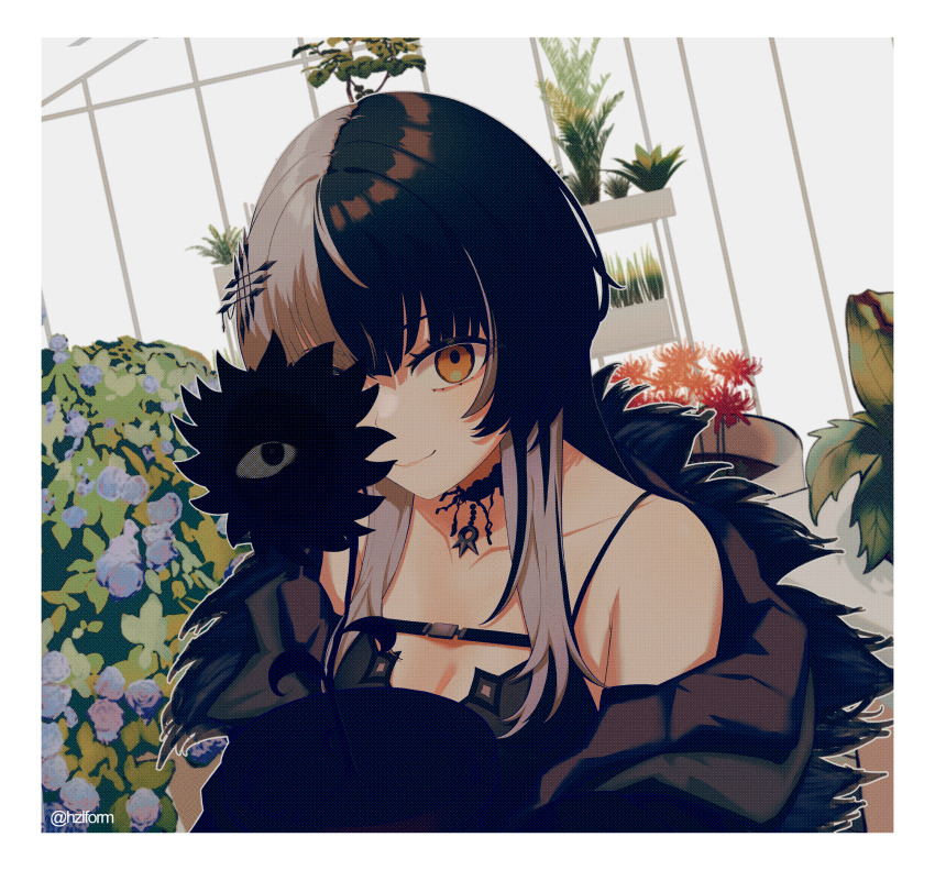 1girl black_choker black_coat black_dress black_hair breasts choker cleavage closed_mouth coat dress flower fur-trimmed_coat fur_trim garden grey_hair hair_ornament hazel_(hzlform) highres hololive hololive_english indoors long_hair looking_at_viewer multicolored_hair plant shiori_novella shiori_novella_(1st_costume) smile solo spider_lily split-color_hair two-tone_hair virtual_youtuber yellow_eyes