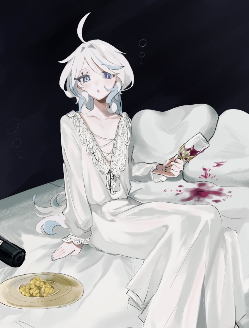 1girl ahoge alcohol blanket blue_eyes blue_hair dress flat_chest food fruit fu5rna furina_(genshin_impact) genshin_impact grapes highres long_hair long_sleeves looking_at_viewer multicolored_hair on_bed open_mouth pillow plate red_wine sitting solo spill squeans streaked_hair v-neck very_long_hair white_dress white_hair wine