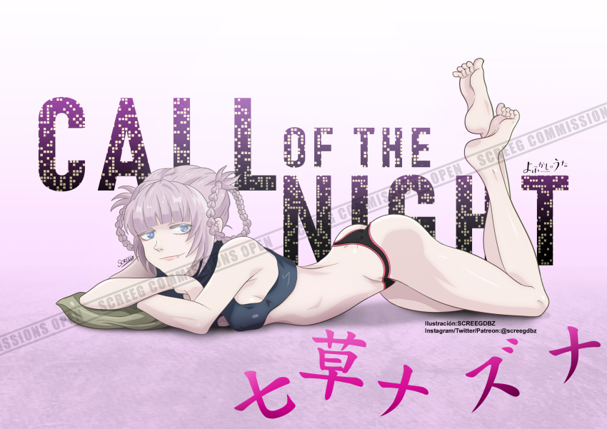 1girl absurdres ass black_panties blue_eyes blunt_bangs braid breasts fang feet highres looking_at_viewer nanakusa_nazuna_(yofukashi_no_uta) panties pink_hair screegdbz short_hair skinny small_breasts thong twin_braids underwear vampire yofukashi_no_uta