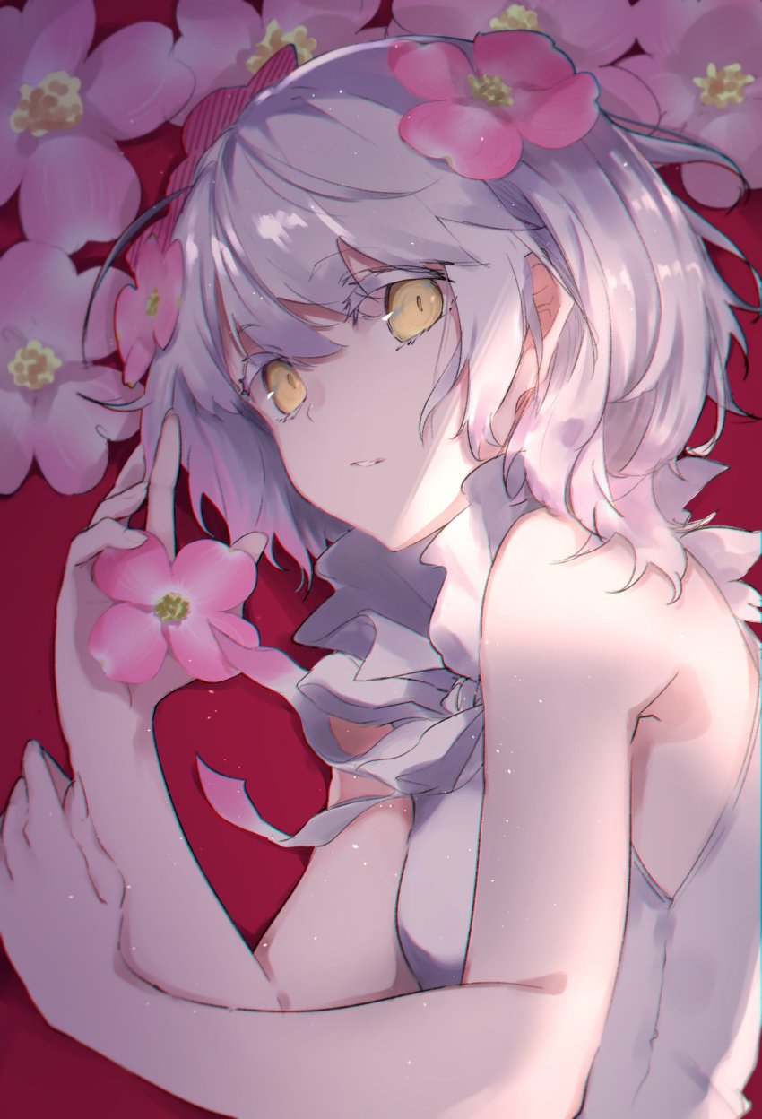 1girl bare_shoulders colored_eyelashes flower goma0616 highres kudou_chitose looking_at_viewer lying nijisanji red_background solo virtual_youtuber white_hair yellow_eyes